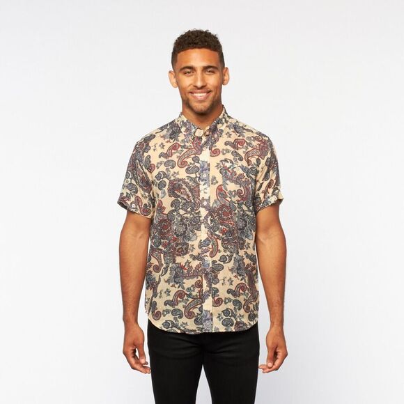 PROFOUND AESTHETIC Cream Red Paisley Print Short Sleeve Button Down Shirt Medium - Picture 1 of 8